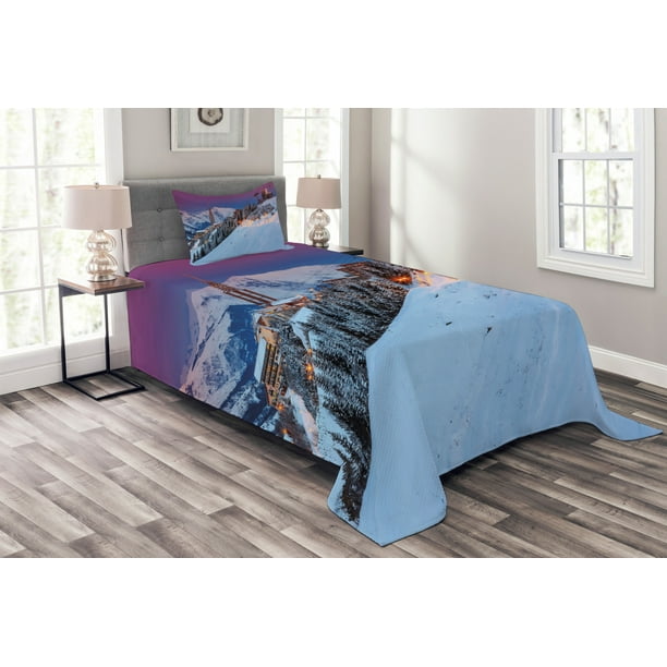 Majestic Sunrice Ski Print Winter Quilted Bedspread /& Pillow Shams Set
